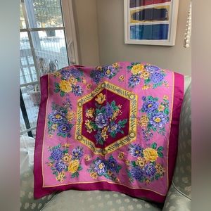 Beautiful Pink Floral Scarf with Medallion Motif 29” x 30” Bright Statement